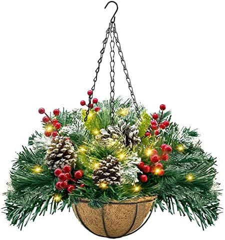 Artificial Christmas Hanging Basket, Hanging Decor with Frosted Pine Cones, Berry Clusters, 30 LED S | Amazon (US)