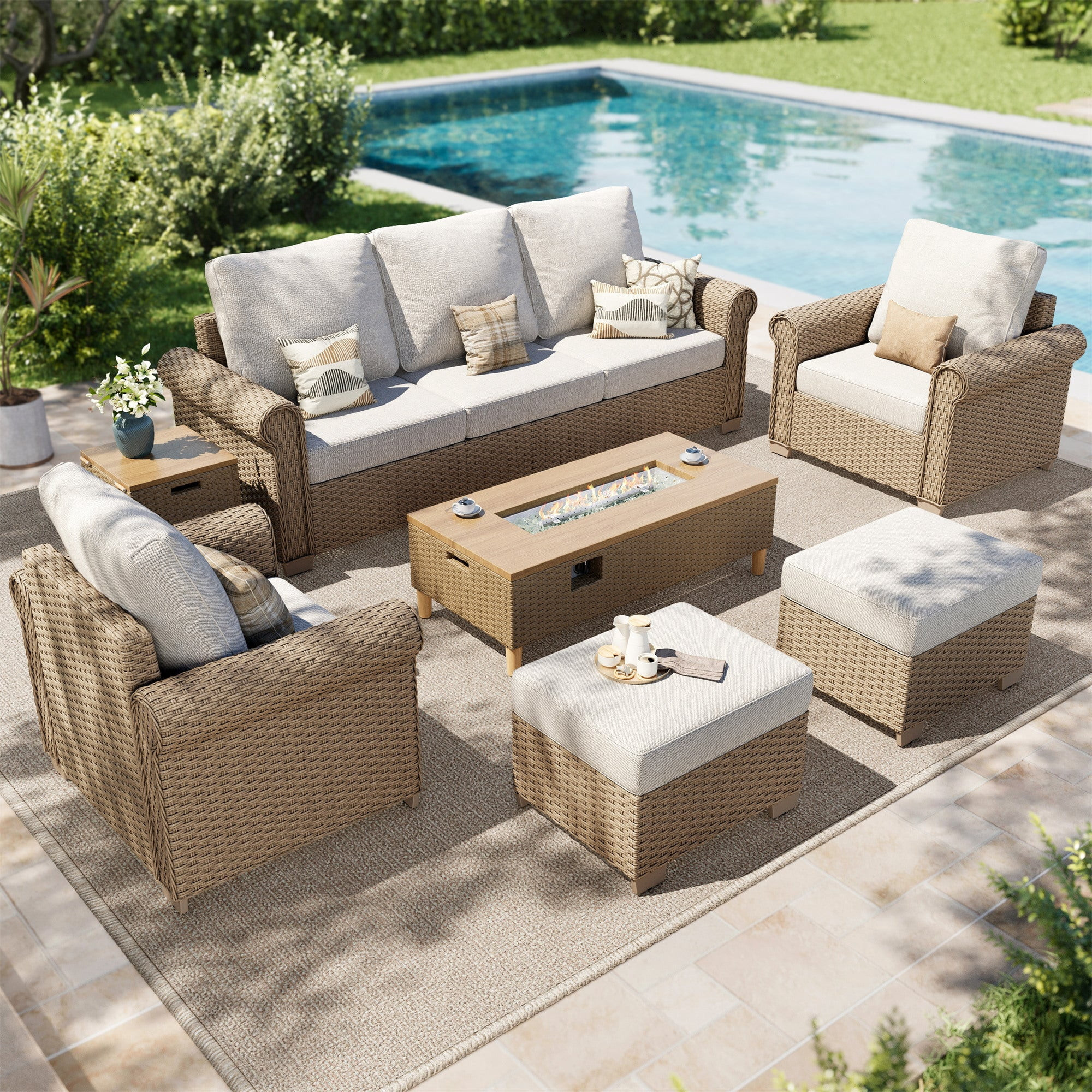 All-Weather Wicker Patio Furniture Set With 42" Fire Pit Table, 7-Piece Outdoor Patio Conversatio... | Walmart (US)