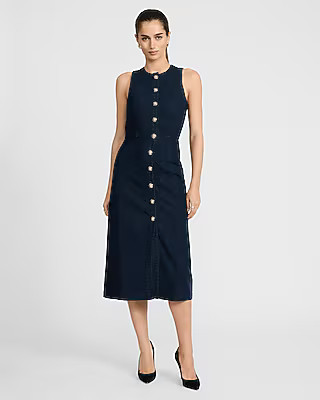 Denim Crew Neck Novelty Button Front Midi Dress | Express
