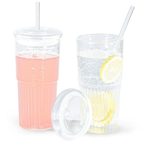 2Pcs 20oz Glass Cups with Glass Lids and Straws Vintage Ribbed Glassware Tumblers Vertical Stripe Cups for Coffee Iced Tea Juice(Clear*2) | Amazon (US)