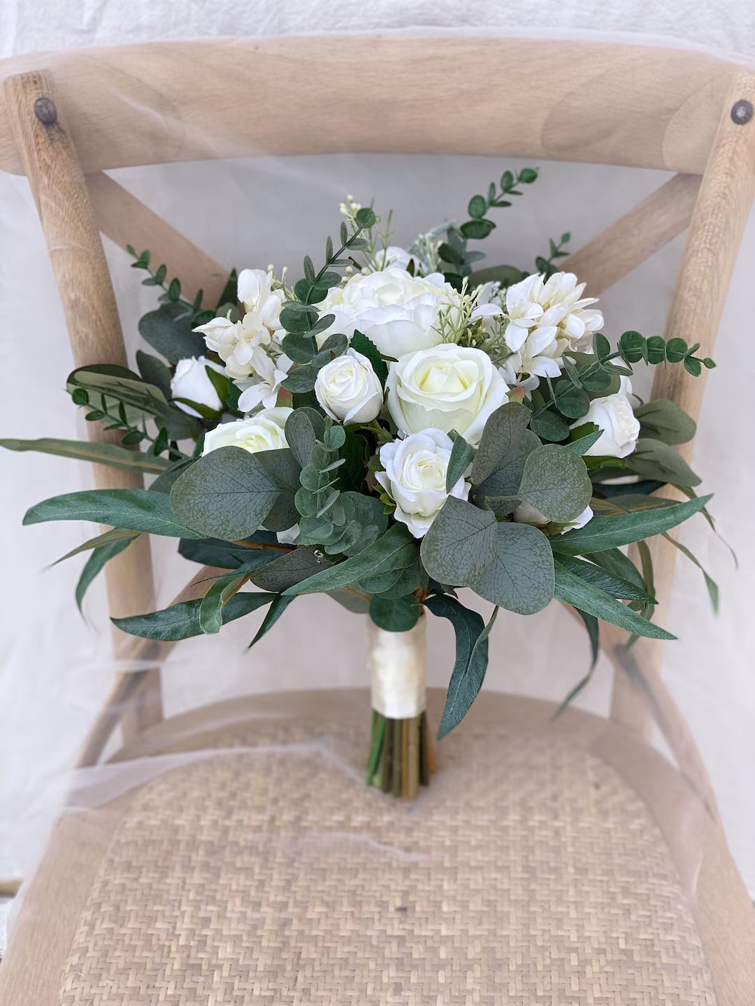 White Rose Bridal Bouquet, Classic Wedding White Peony Bouquet, Rustic Boho Flower Bouquet,  Desi... | Etsy (US)