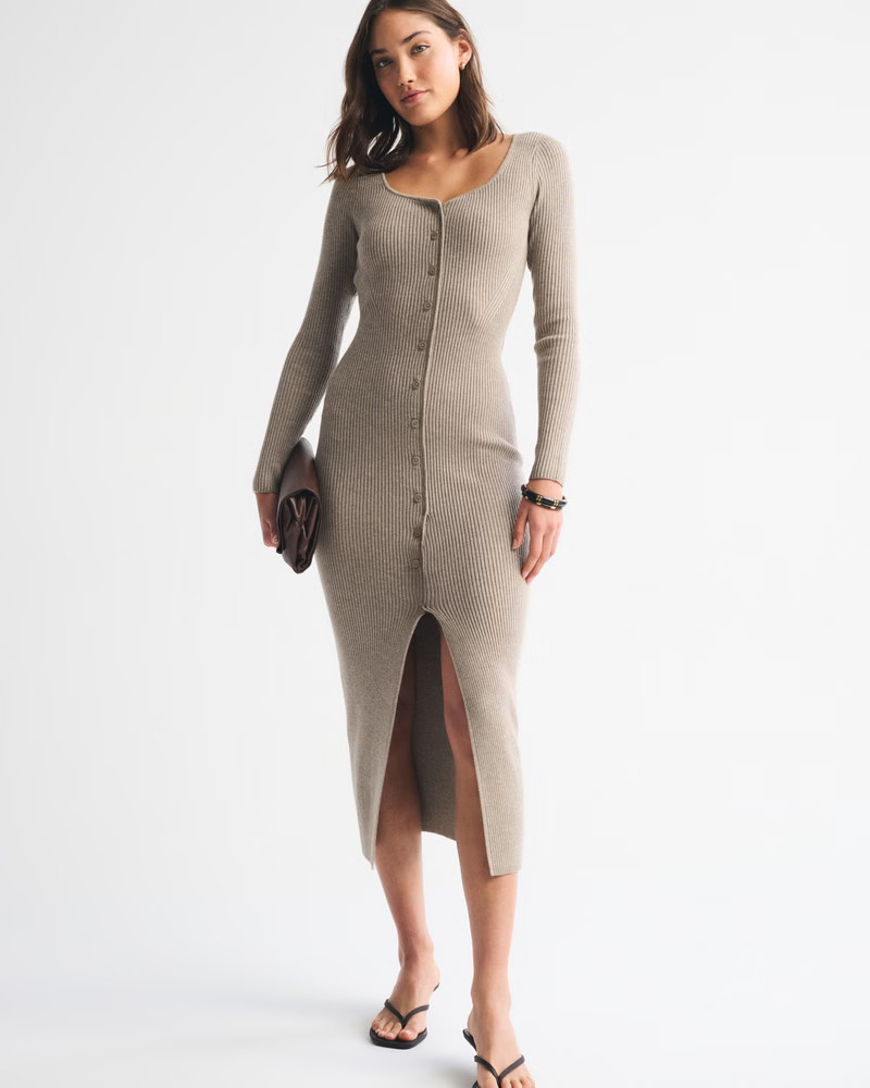 Long-Sleeve Button-Through Maxi Sweater Dress | Abercrombie & Fitch (US)