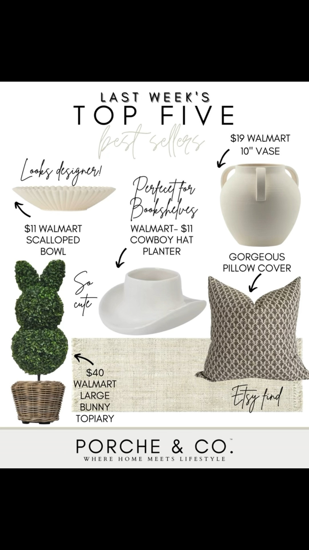 Spring is starting to sneak in… and y’all are here for it! 🌿🐰
These top 5 best sellers from last week are all from Walmart and under $300 — the sweetest finds for refreshing your home as we head into a new season.

✨ Set of 2 woven bunnies – $24 and SO cute
🌿 Bunny topiary – such a fun porch accent
🏺 10” sculptural vase – perfect neutral layering
🖤 $298 arch bookshelf – a designer look for less
🖤 $26 accent table – petite but bold

I linked them all on LTK for you! Tap to shop 🤍
#porcheandco #LTKhome #WalmartHome #bunnydecor #springrefresh #homedecorfinds #modernclassicstyle

#LTKSaleAlert #LTKHome #LTKSeasonal