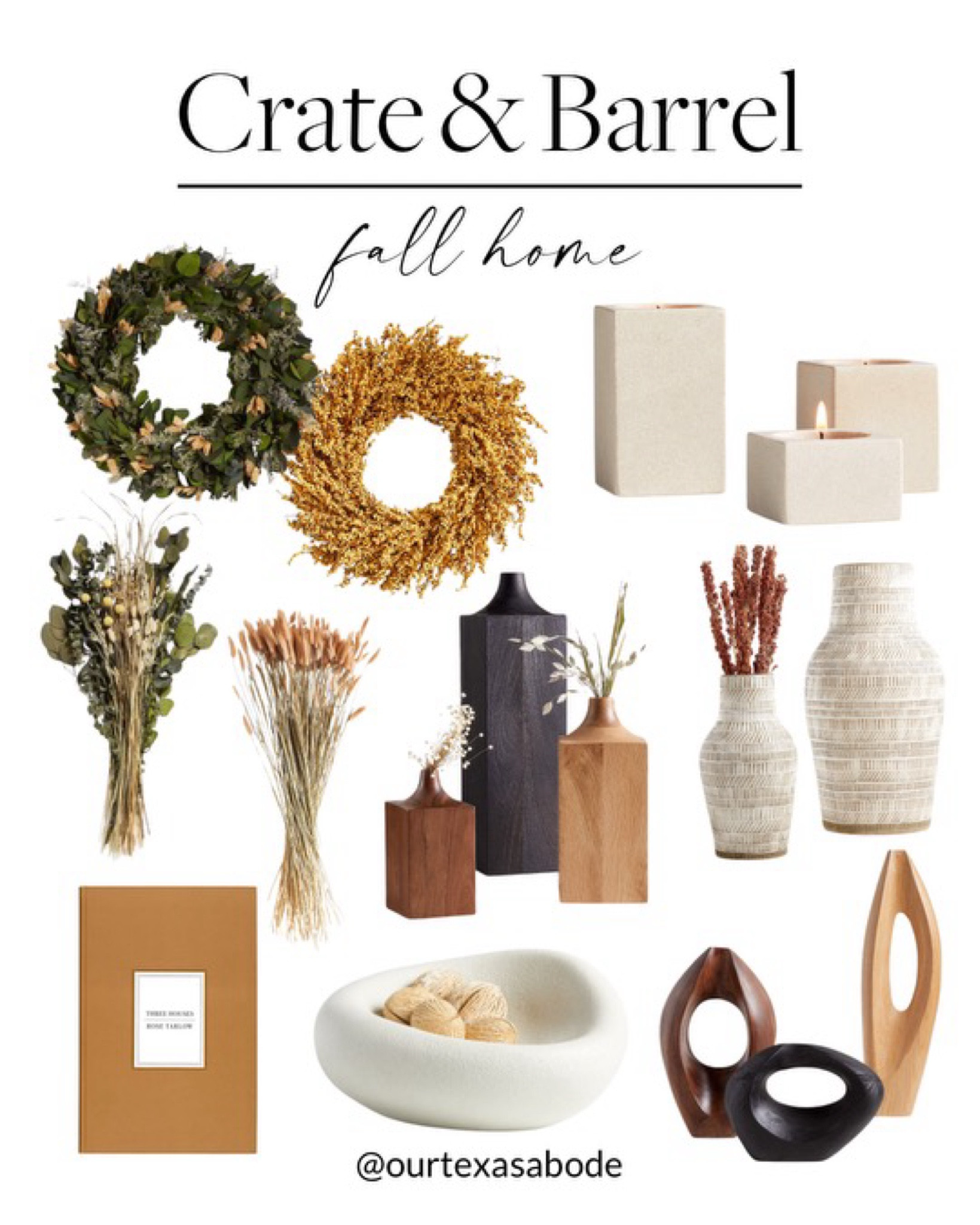 Crat & Barrel fall home decor 🙌🏻🙌🏻

Wreaths, faux stems, decorative bowl, coffee table book, vases, candle pillars 

#LTKSeasonal #LTKHome #LTKStyleTip