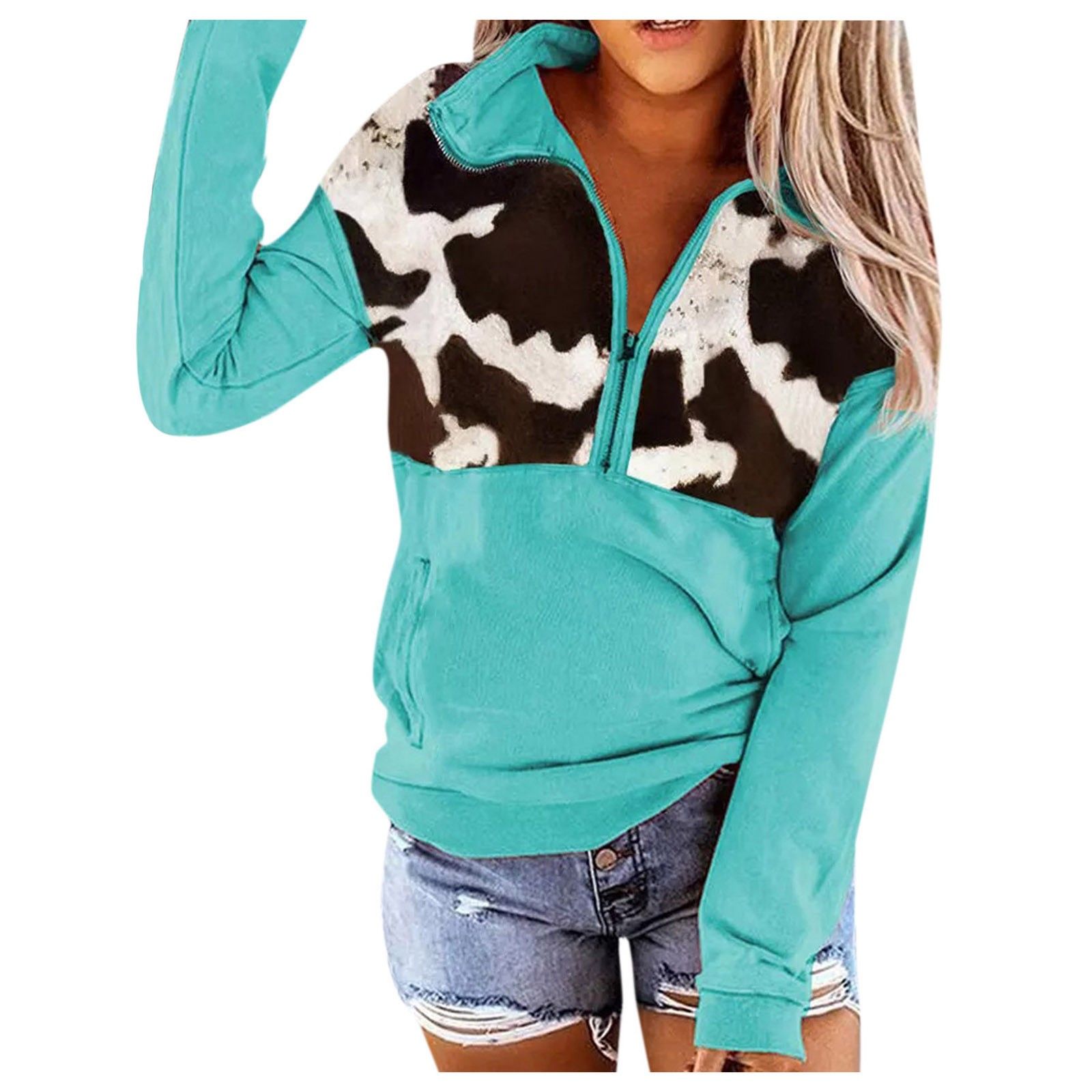 sebulube Ladies Cow Print Zip Pullover Sweatshirt Top Women's Pocket Long Sleeve Zipper Collar Bl... | Walmart (US)
