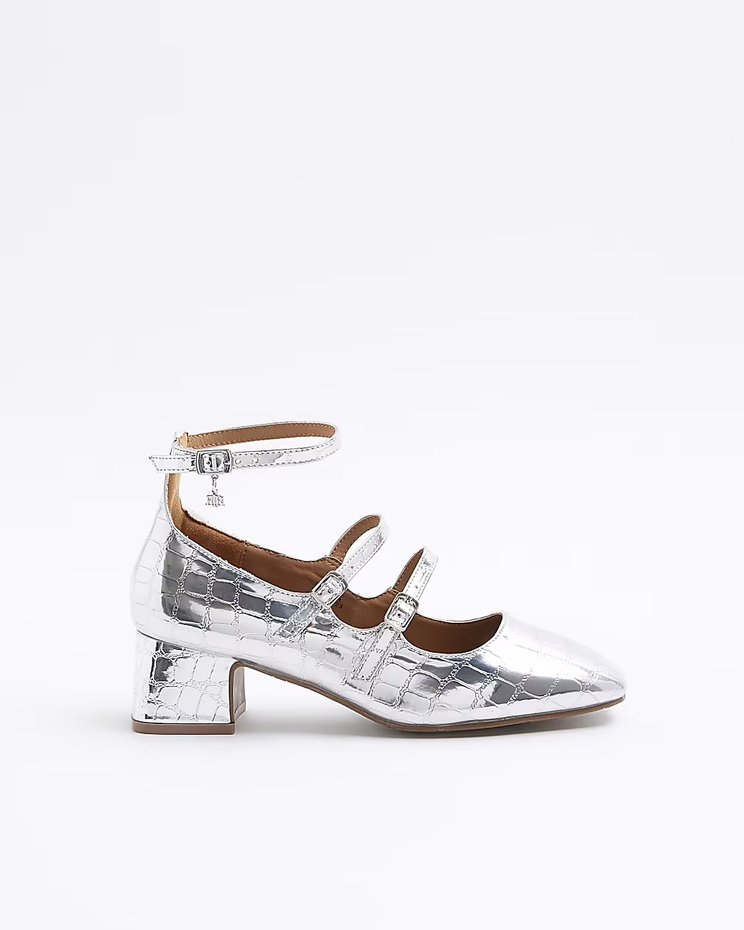 Silver strappy block heeled court shoes | River Island (UK & IE)