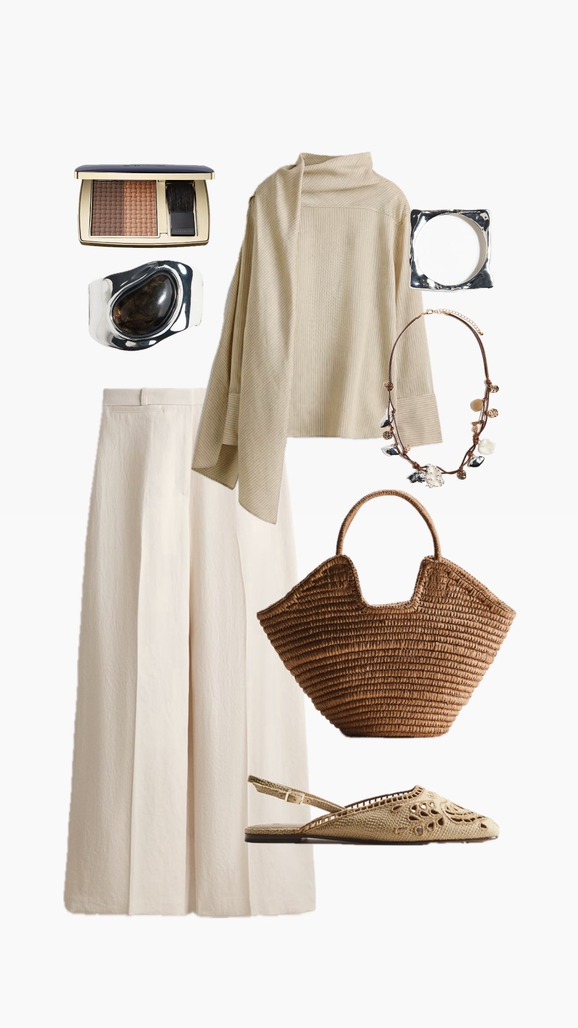 Cream Trousers, Scarf Blouse, Raffia Flats, Statement Jewellery,
Charm Necklace, Basket Bag, Bronzer Make Up

#LTKspring #LTKuk #LTKover50style