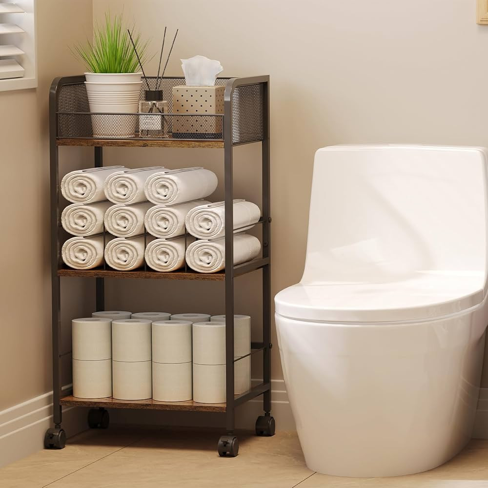 Bathroom Towel Rack Free Standing, Bathroom Organizers and Storage Cart with Divider, 3-Tier Toil... | Amazon (US)