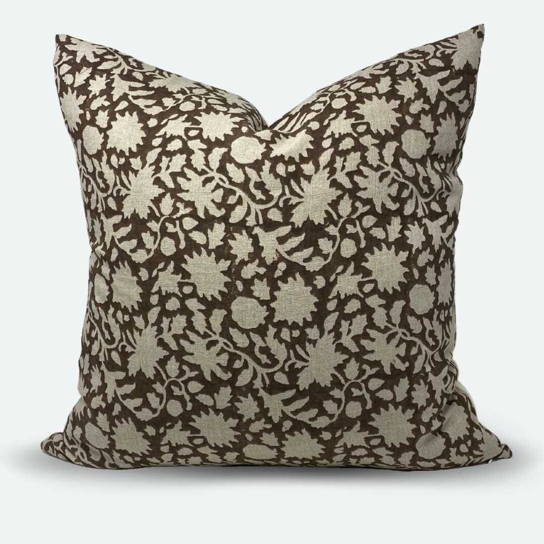 Square Pillow Cover Cocoa Floral Vine Block Print - Etsy | Etsy (US)