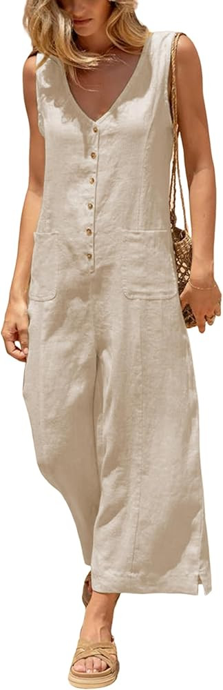 Yeokou Women Button Down Jumpsuits Cotton Linen Sleeveless Casual Wide Legs Rompers Loose Overall... | Amazon (US)