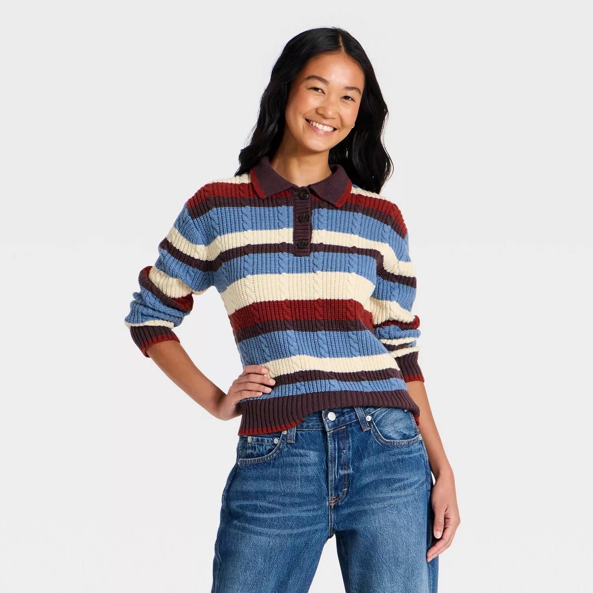 Women's Cable Collared Pullover Sweater - Universal Thread\u2122 Multi Striped S | Target