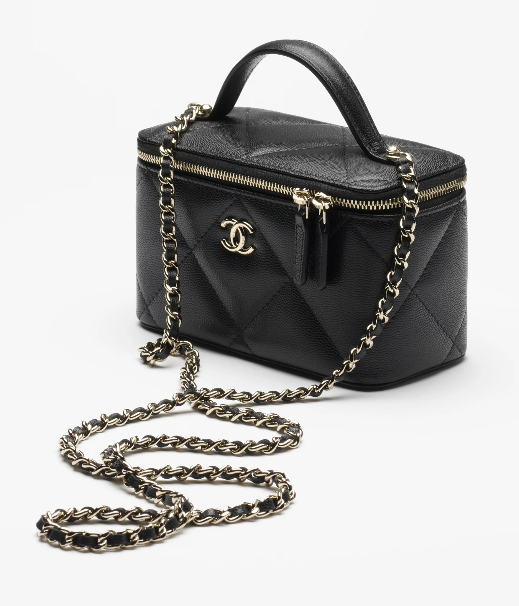 Long vanity with chain - Grained shiny calfskin & gold-tone metal, black — Fashion | CHANEL | Chanel, Inc. (US)