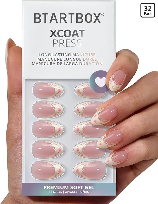 BTArtbox French Tip Press On Nails - Sunprint Dress, Lamp-Curable 4-Week Wear Pink Short Almond P... | Amazon (US)