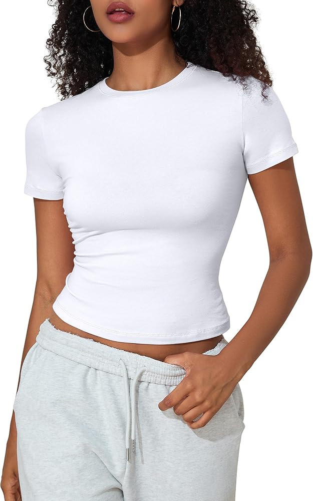PrettyGuide Women's Crew Neck Short Sleeve Summer Basic Tee Slim Fit Cotton Jersey T Shirt Y2K Go... | Amazon (US)