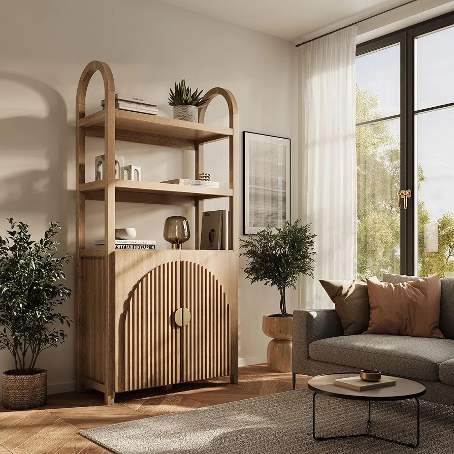 BELLEZE Book Shelf 72" Tall Arched Bookcase with Storage, 5 Tier Mid Century Modern Fluted Booksh... | Amazon (US)