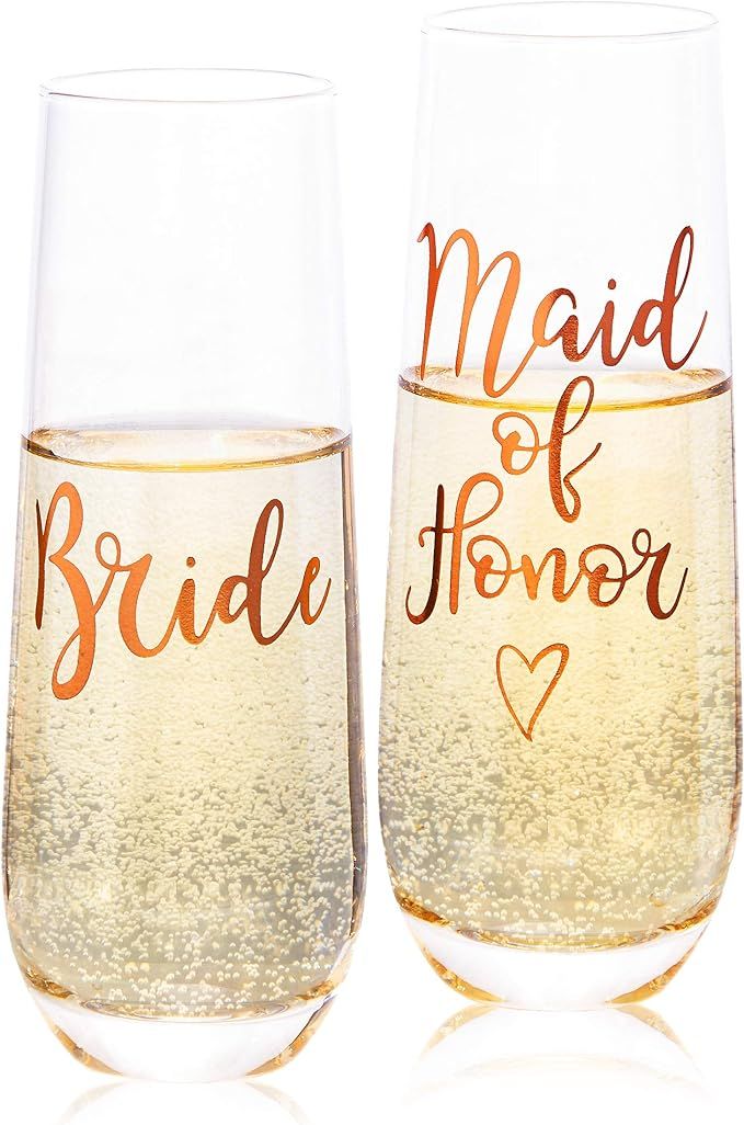 Juvale 2-Pack Rose Gold Glass Bride and Maid of Honor Stemless Champagne Wedding Flutes, 9.8 Ounc... | Amazon (US)