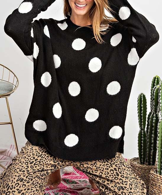 Avenue Hill Women's Pullover Sweaters BLACK - Black & White Polka Dot Oversize Sweater - Women | Zulily