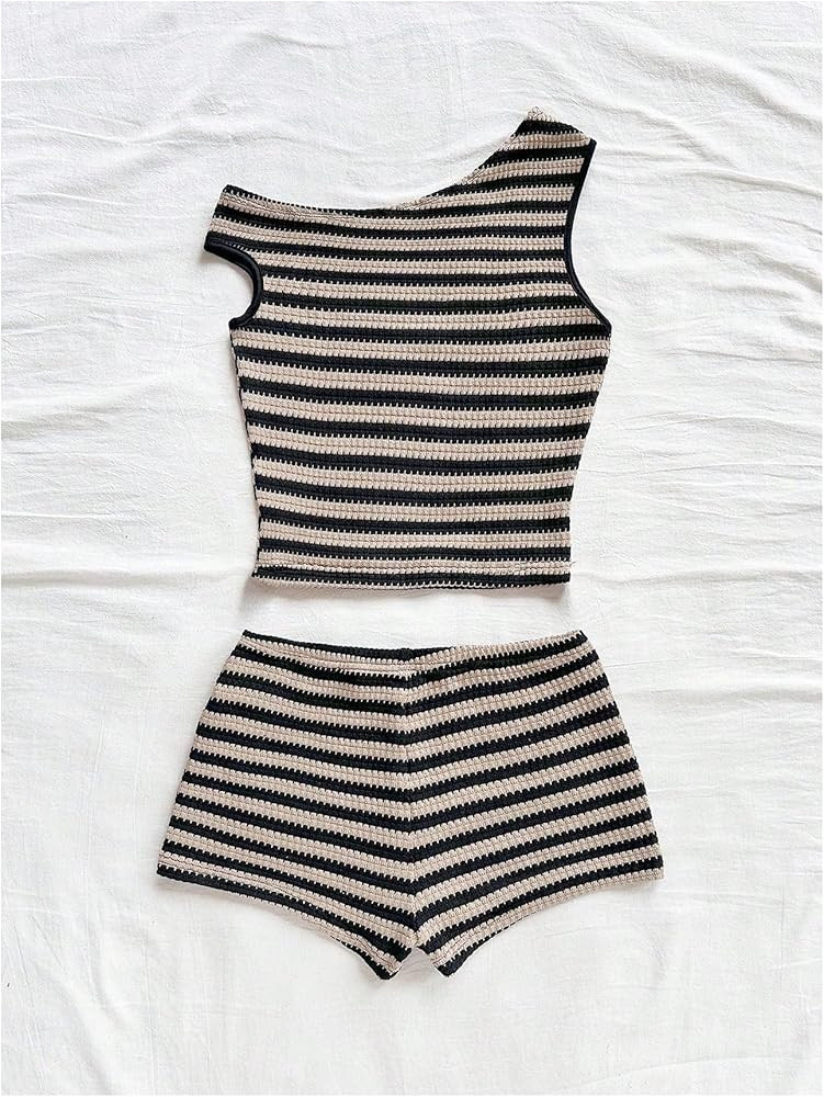 Amazon.com: SOLY HUX Women's 2 Piece Striped Off The Shoulder Crop Tops and Mini Shorts Set Summe... | Amazon (US)