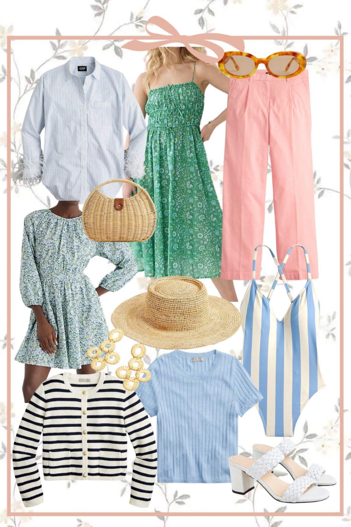 J.Crew new arrivals. J.Crew sale. Spring fashion. Workwear. Vacation. Stripe one-piece swimsuit. Sunhat. Feather button down shirt. Floral dress. Pink chino pants. Stripe jacket. Straw handbag. Blue shirt sleeve sweater. Square sunglasses 
.
.
.
…. #ltktravel #ltkswim #ltkworkwear 

#LTKsalealert #LTKstyletip #LTKunder100