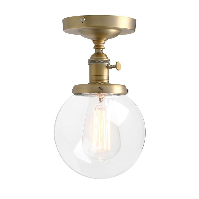 Pathson Industrial Brass Semi-Flush Mount Ceiling Light, Vintage Style Pendant Lighting, Glass Sh... | Amazon (US)