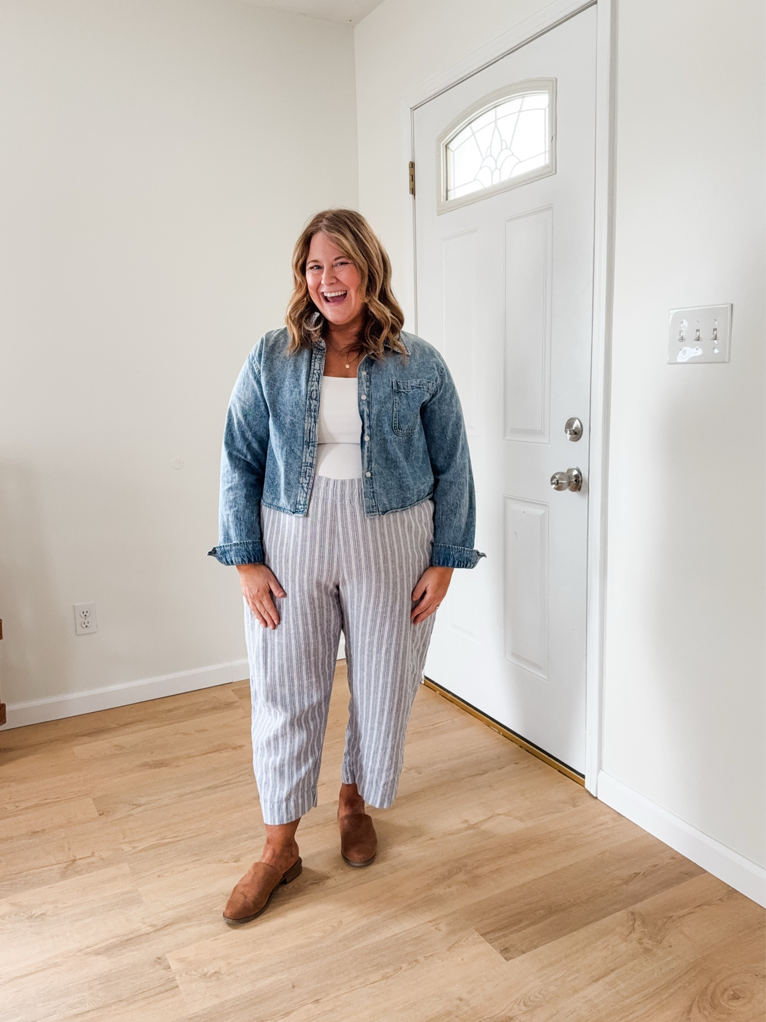 Wearing an XL in my linen pants (petite friendly at the regular length). XL in my tank and my cropped denim
Shirt is older so I linked similar 

#LTKMidsize #LTKBump #LTKWorkwear