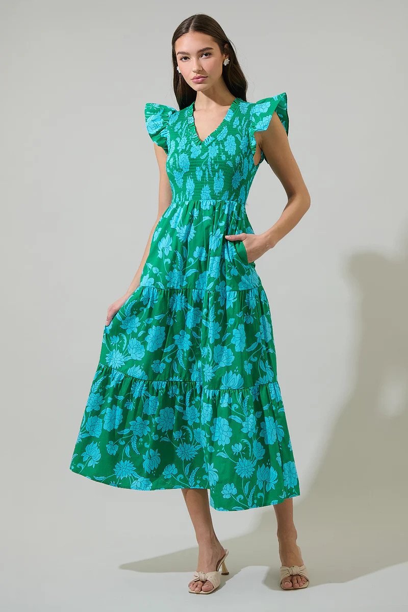 Waterlilly Floral Sunfire Smocked Bodice Tiered Midi Dress | Sugarlips