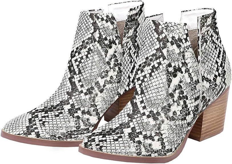 Kathemoi Womens Ankle Boots Slip on Cutout Pointed Toe Snakeskin Chunky Stacked Mid Heel Booties | Amazon (US)