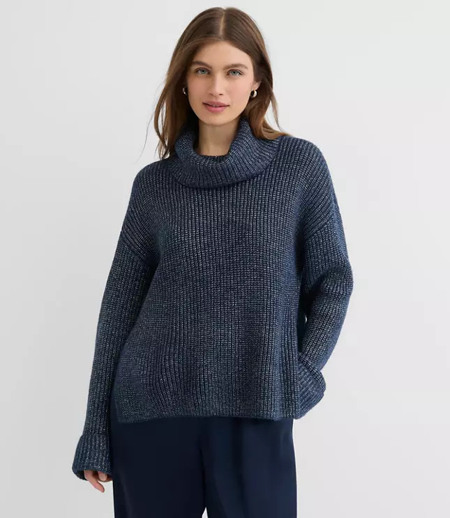 Petite Shimmer Cuffed Ribbed Mock Neck Sweater | LOFT