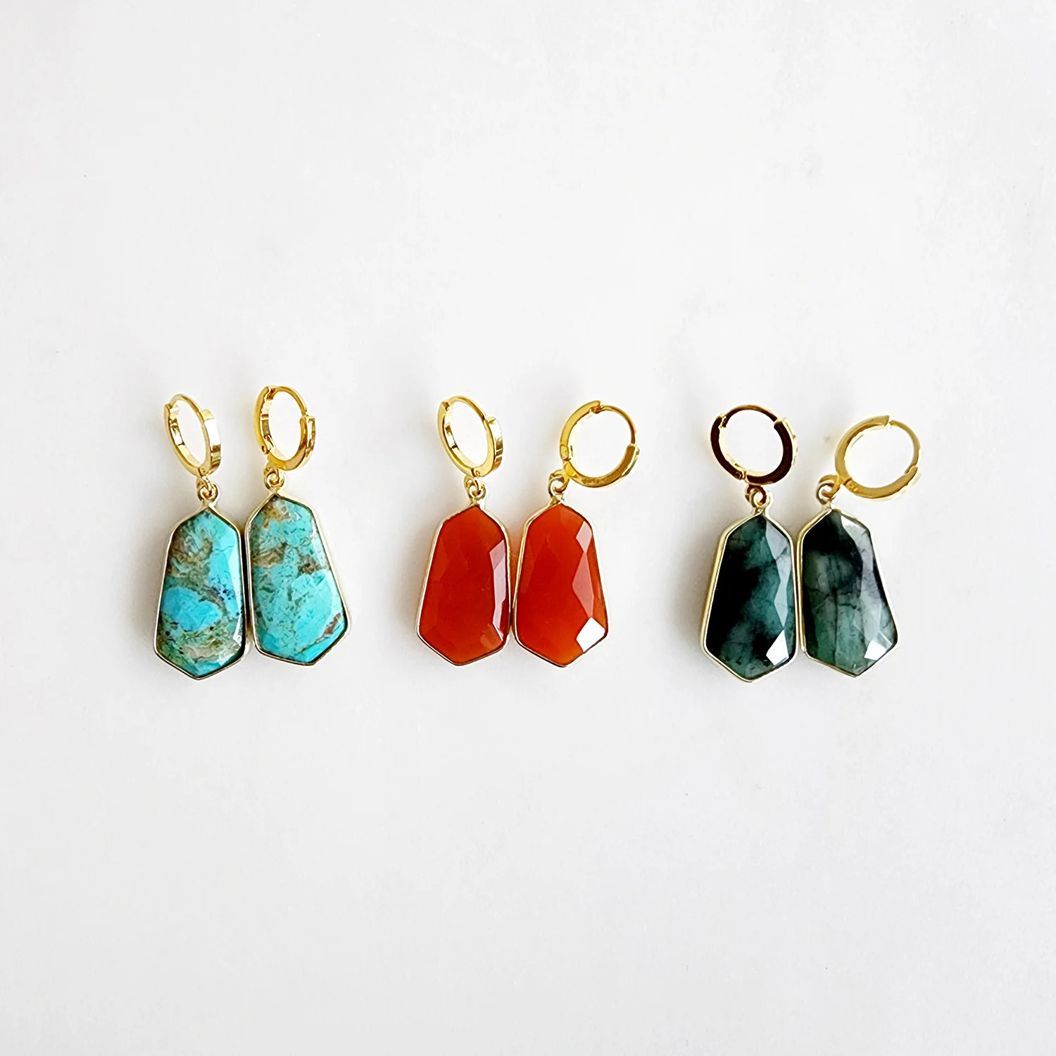 Kite Shaped Gemstone Hoop Earrings in Gold | Rustic Gem Jewelry