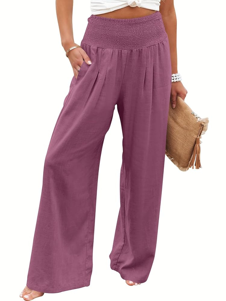 ANRABESS Women Linen Palazzo Pants Summer Boho Wide Leg High Waist Casual Lounge Pant 2025 Beach ... | Amazon (US)