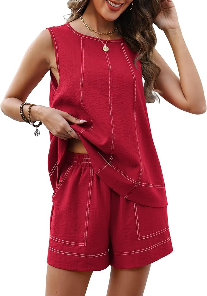 Womens Two Piece Short Sets Summer Linen Lounge Sets Sleeveless Tank Top and Elastic Waist Shorts... | Amazon (US)