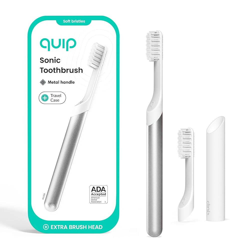 Quip Sonic Toothbrush for Adults with Timer - Includes Extra Brush Head and Travel Cover Mount - Electric, Soft Bristle Refill Head, Metal Handle, 3 Month Battery Life - Travel Toothbrush - Silver | Amazon (US)