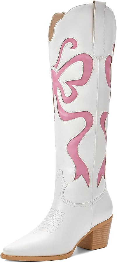 Cowgirl Boots - Womens Cowboy Boots with Colorful Bows Embroidered Western White Knee-High Boots ... | Amazon (US)