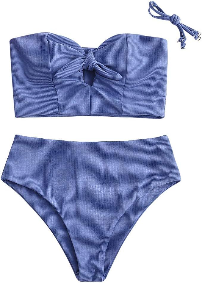 ZAFUL Women Ribbed Keyhole Tied High Waisted Bikini Spaghetti Straps Two Pieces Swimsuit Bathing ... | Amazon (US)