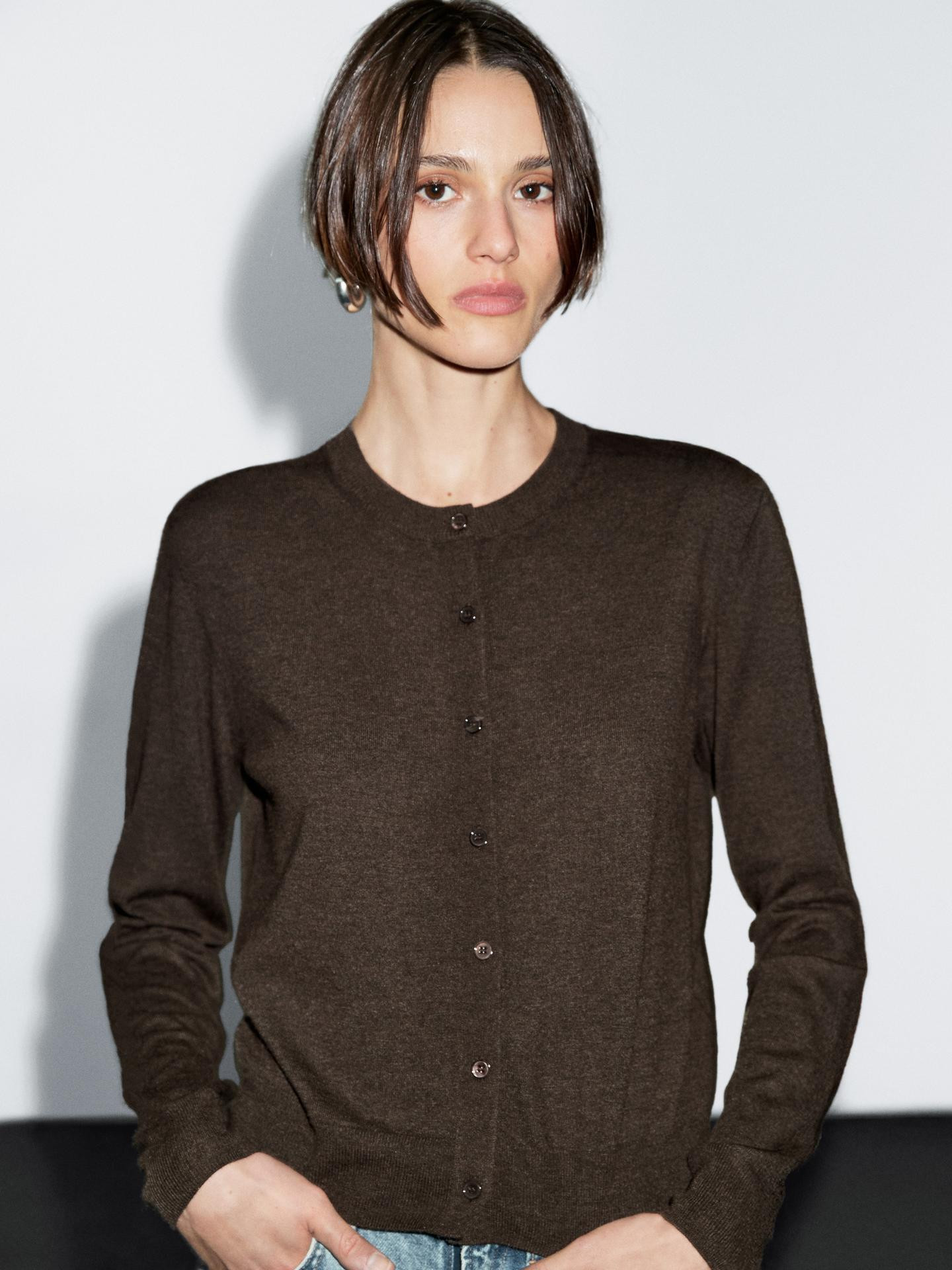 Wool blend knit cardigan with crew neck | Massimo Dutti UK