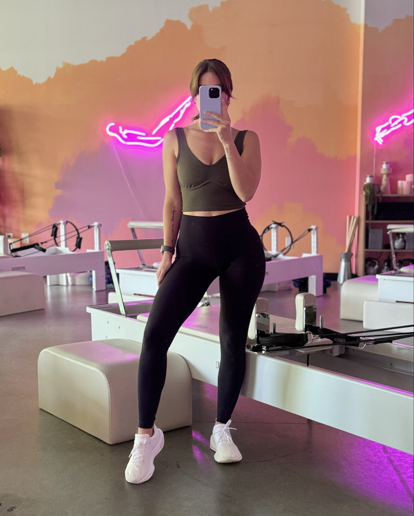 This Amazon basics top is such a flattering cut on the neck line & a neutral green 
Top size S
Bottoms size 4
Shoes size 8

#LTKU #LTKFitness #LTKActive