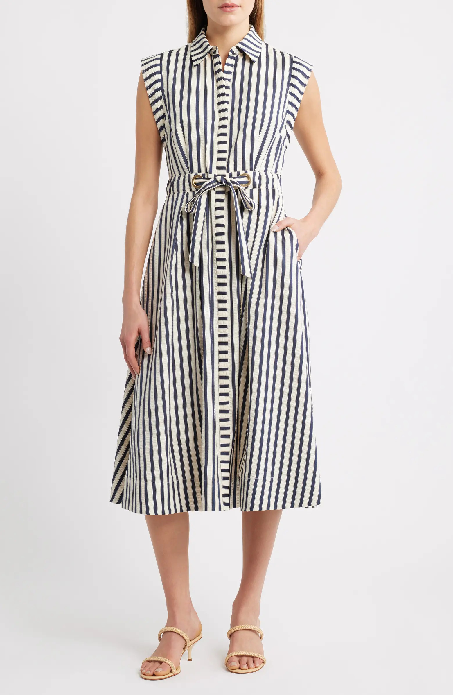 Stripe Belted Seersucker Midi Shirtdress | Nordstrom