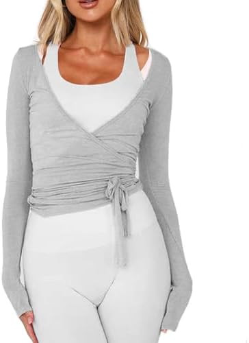 Women Wrap Tie Top Y2k Long SLeeve Ballet Workout Yoga Shirt Coquette Blouses | Amazon (US)