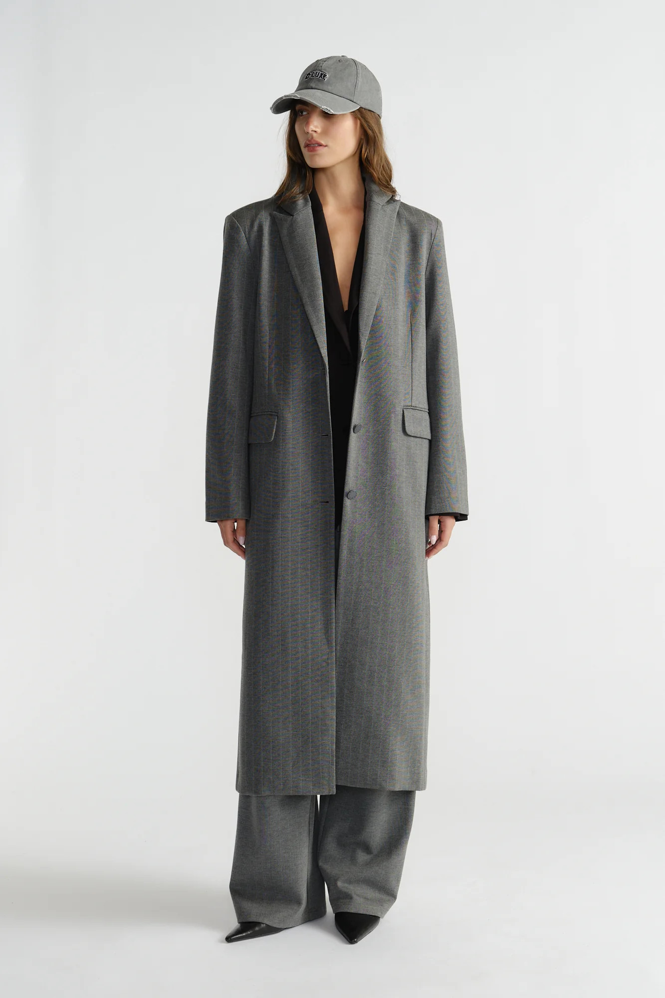 D-Luxe Pinstripe Blazer Coat - Charcoal | DECJUBA
