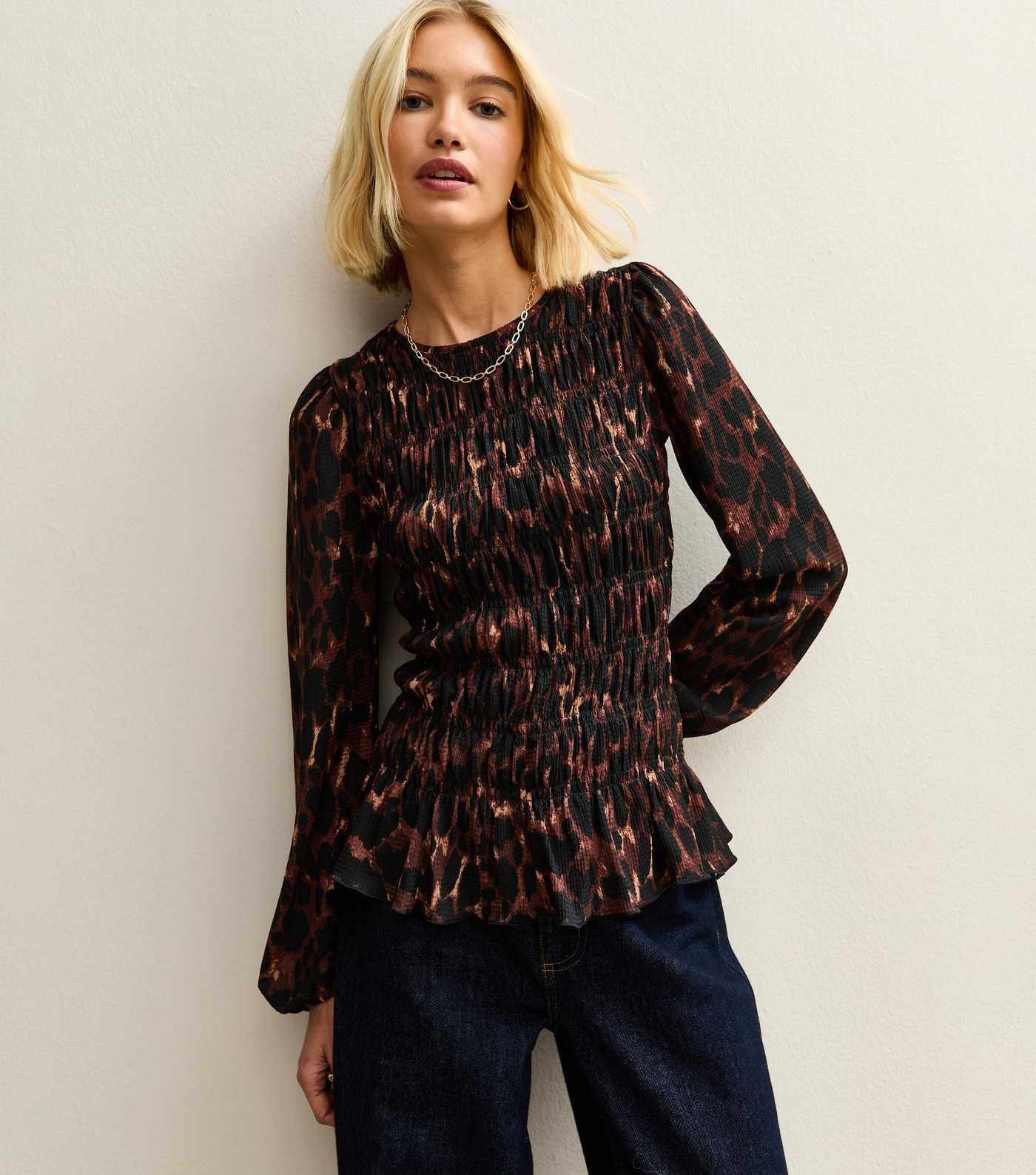 Brown Animal Print Textured Jersey Shirred Top | New Look | New Look (UK)