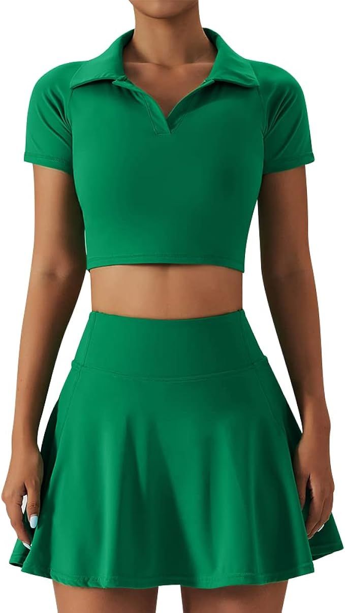 2 Piece Tennis Dress for Women High Waist Pleated Tennis Skirt with Shorts Short Sleeve Crop Golf... | Amazon (US)