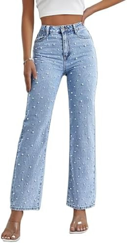 EZAPINE Pearl Jeans for Women High Waisted Straight Leg Denim Pants Beaded Jeans Wide Leg Trendy ... | Amazon (US)