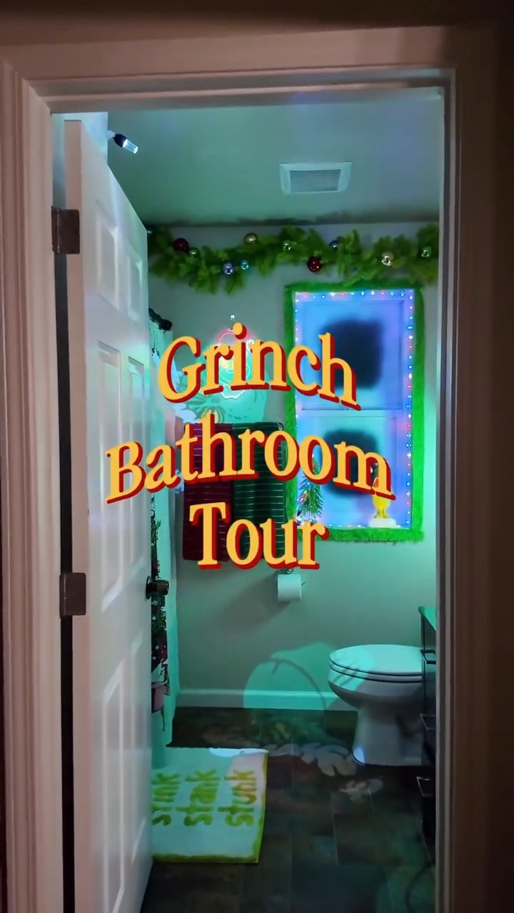 Just a little Grinch bathroom moment 💚🛁 Keeping it cozy, even for the grouchiest guy in Whoville.

 #BathroomTour #GrinchVibes #HolidayHomeDecor