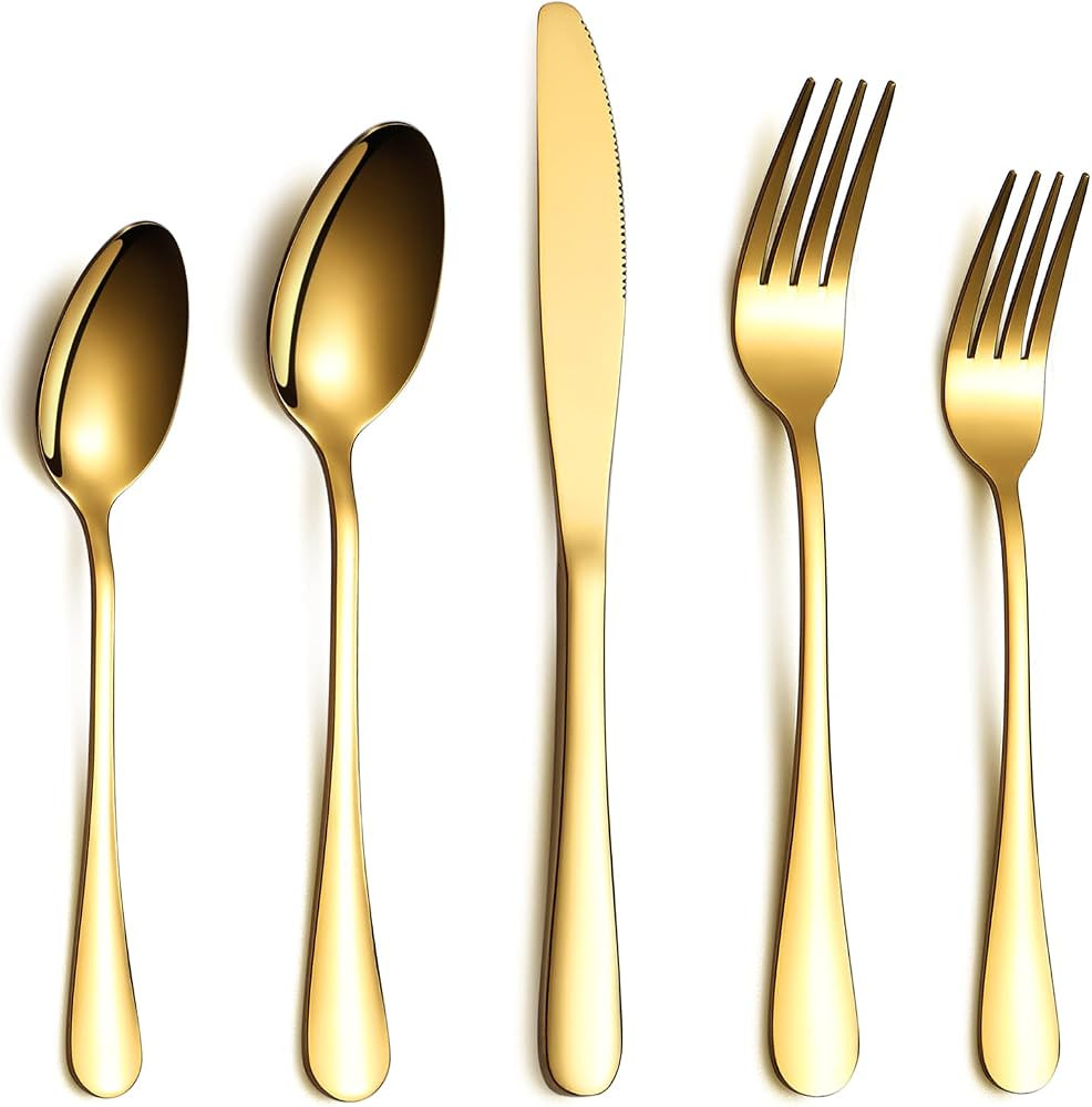 Amazon.com | Berglander Flatware Set 20 Piece, Stainless Steel With Titanium Gold Plated, Golden ... | Amazon (US)