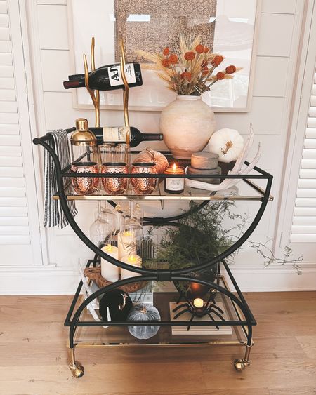 Fall Entertaining with Frontgate styled bar cart and wine bottle holder home decor  #frontgate #fall #barcart #wine #candles #fallhome 

#LTKstyletip #LTKhome