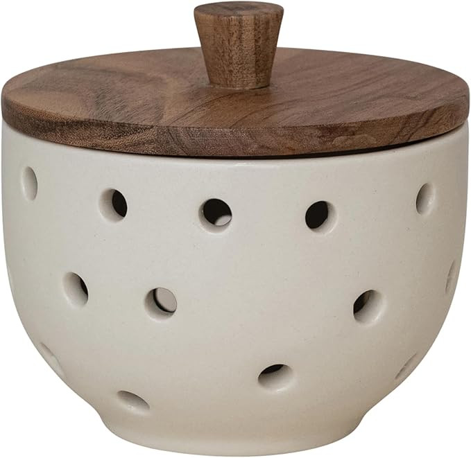 Creative Co-Op Stoneware Garlic & Onion Keeper with Mango Wood Lid, Cream & Natural | Amazon (US)