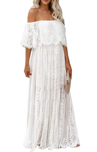 Cercis Womens Off The Shoulder White Floral Lace Maxi Wedding Dress Boho Flowy Brides Bridesmaid Wedding Guest Formal Long Dress | Amazon (US)