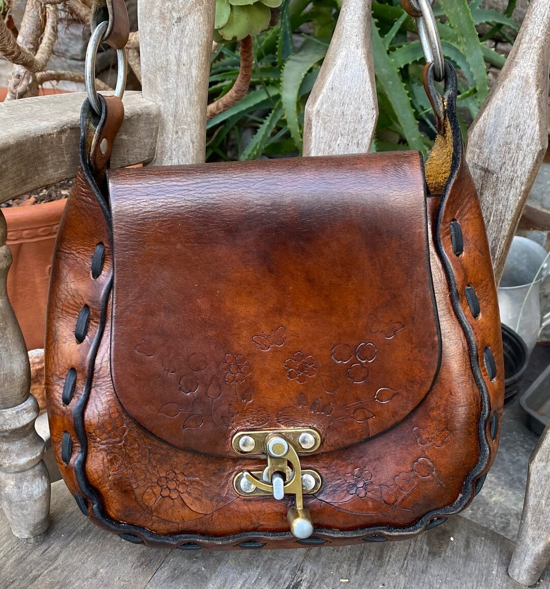 Vintage Rustic 1960s Tooled Leather Painted Flowers Saddle Bag Purse Groovy Boho Hippie - Etsy | Etsy (US)