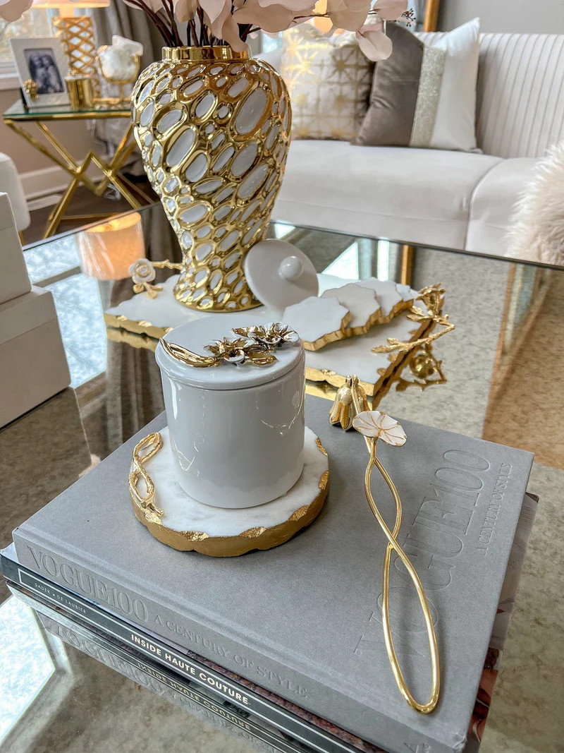 White Candle with Gold & White Floral Design' | Inspire Me! Home Decor