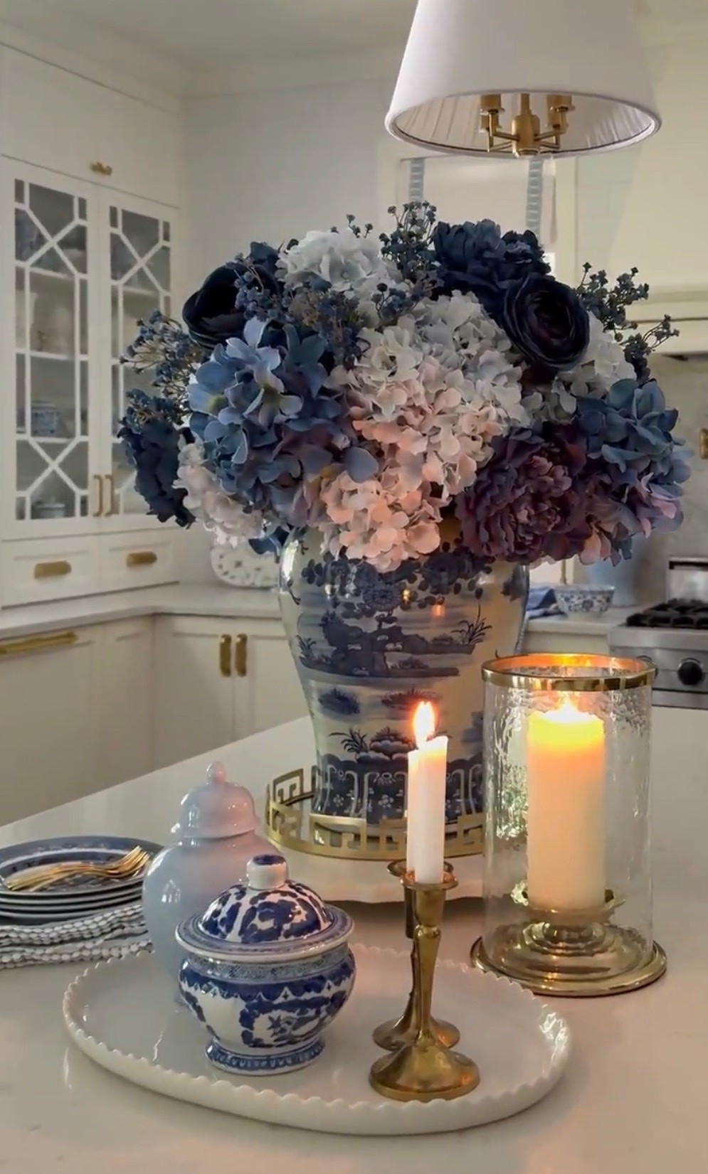 Chic layers of fall blues💙💙💙 

Ginger jars, faux flowers, candleholders, hurricane lantern, trays, blue willow dishes, napkins

#LTKSeasonal #LTKHome